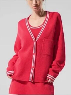 NWOT ALO Tennis Club V-Neck Button Cardigan Sweater Candy Red/White